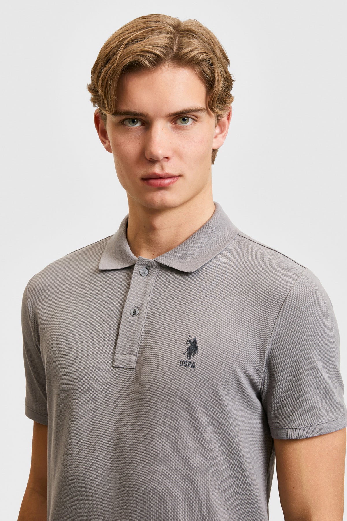 Tricou Polo Bărbați Gri Cu Logo Brodat