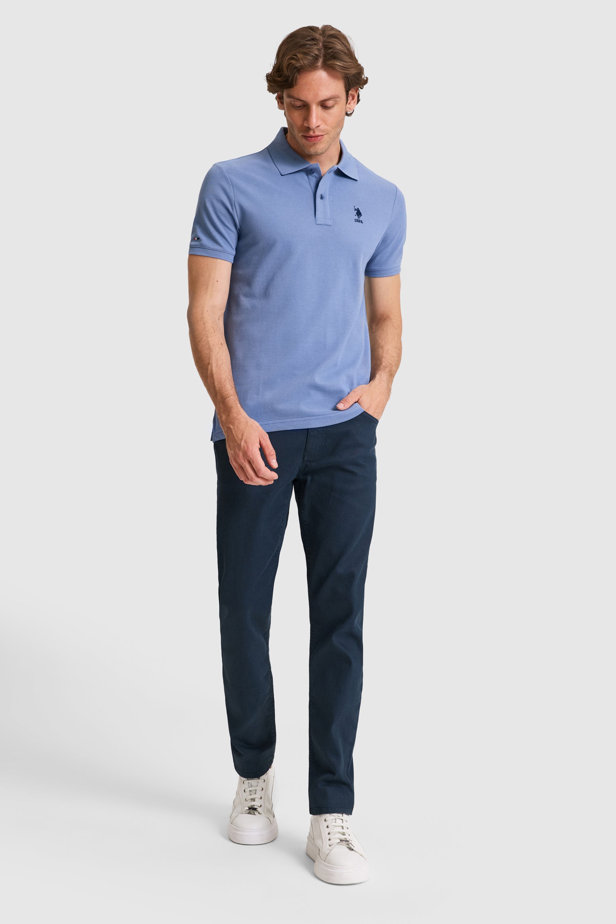 Tricou Polo Bărbați Albastru Prăfuit Cu Logo Brodat