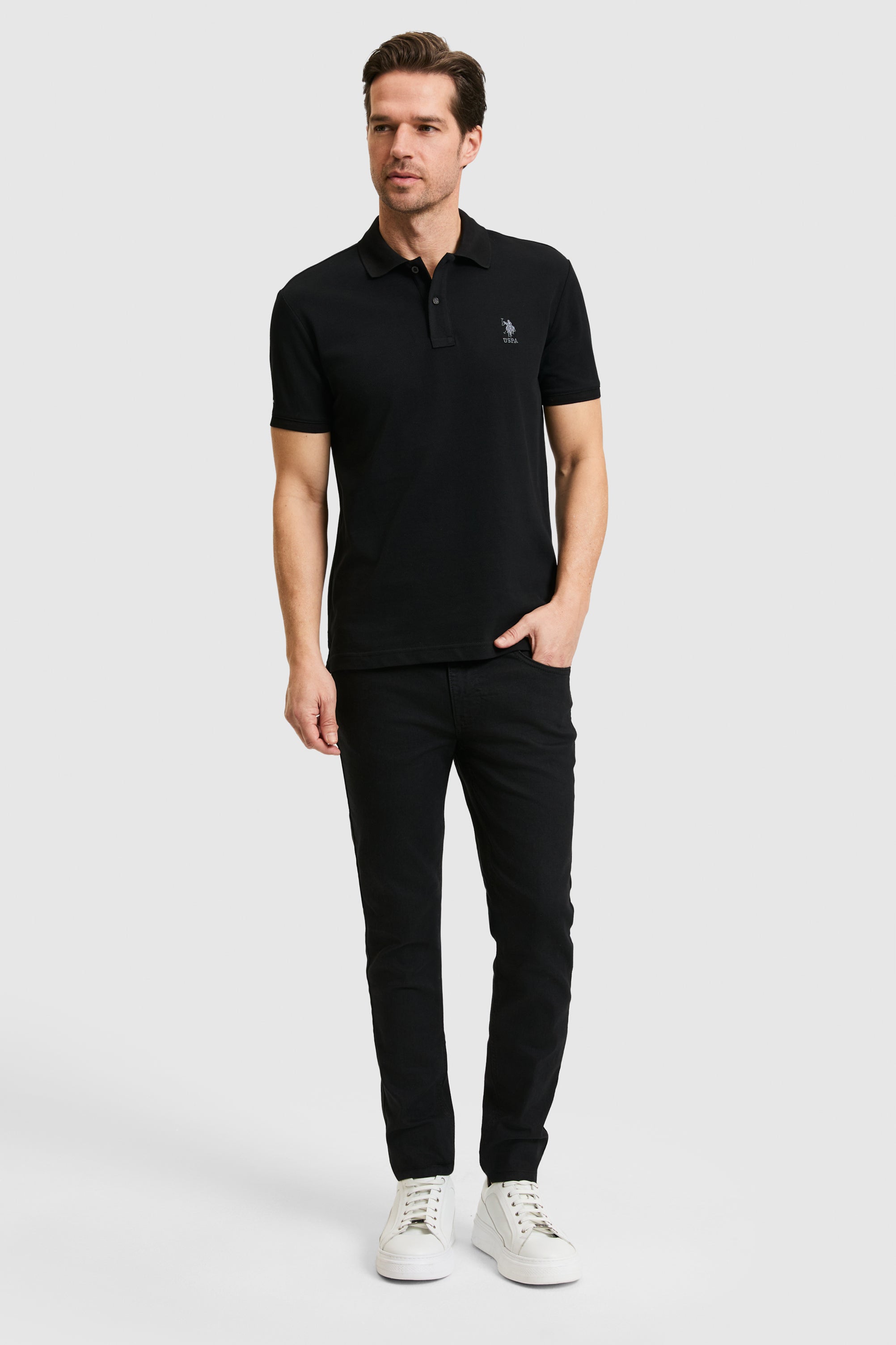 Tricou Polo Bărbați Negru Cu Logo Discret