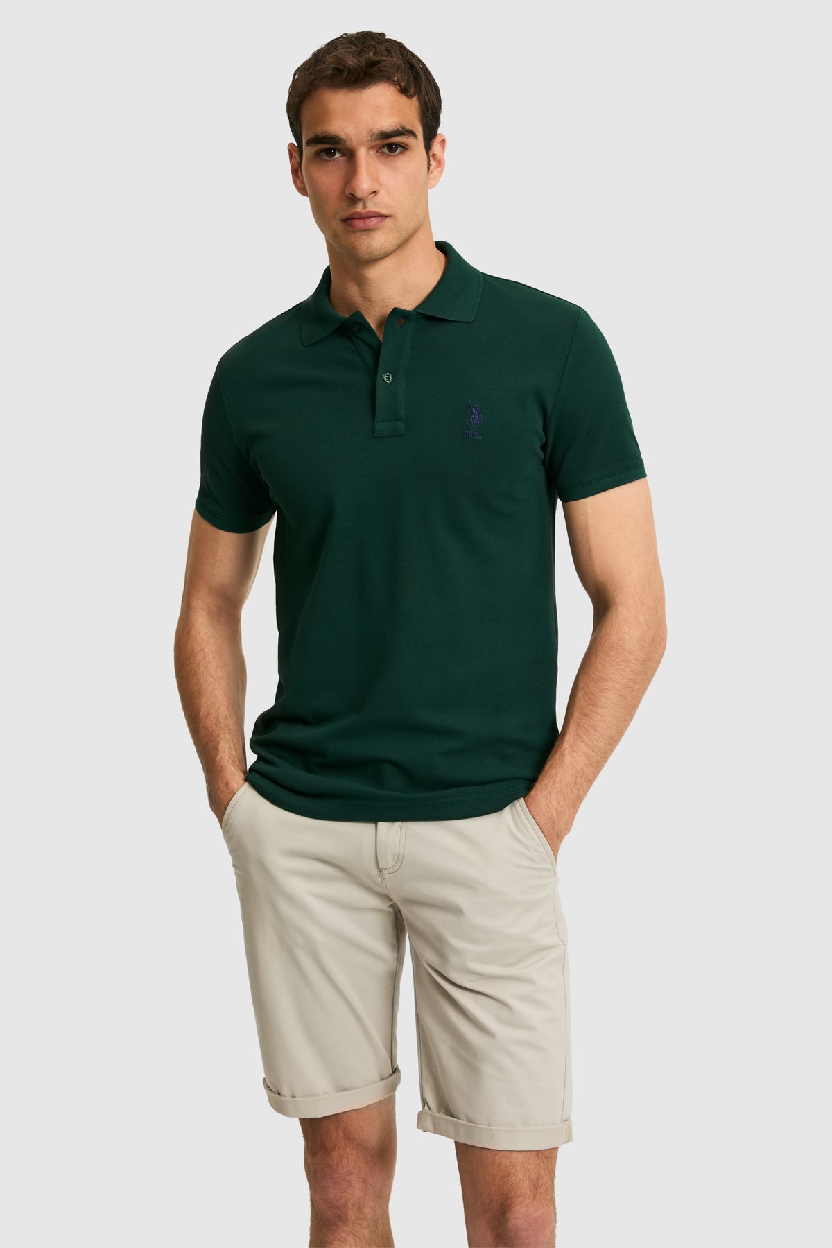 Tricou Polo Bărbați Verde Închis Cu Logo Brodat