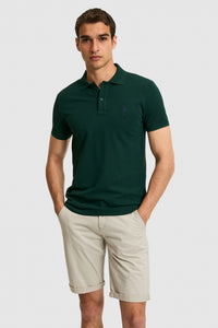 Tricou Polo Bărbați Verde Închis Cu Logo Brodat