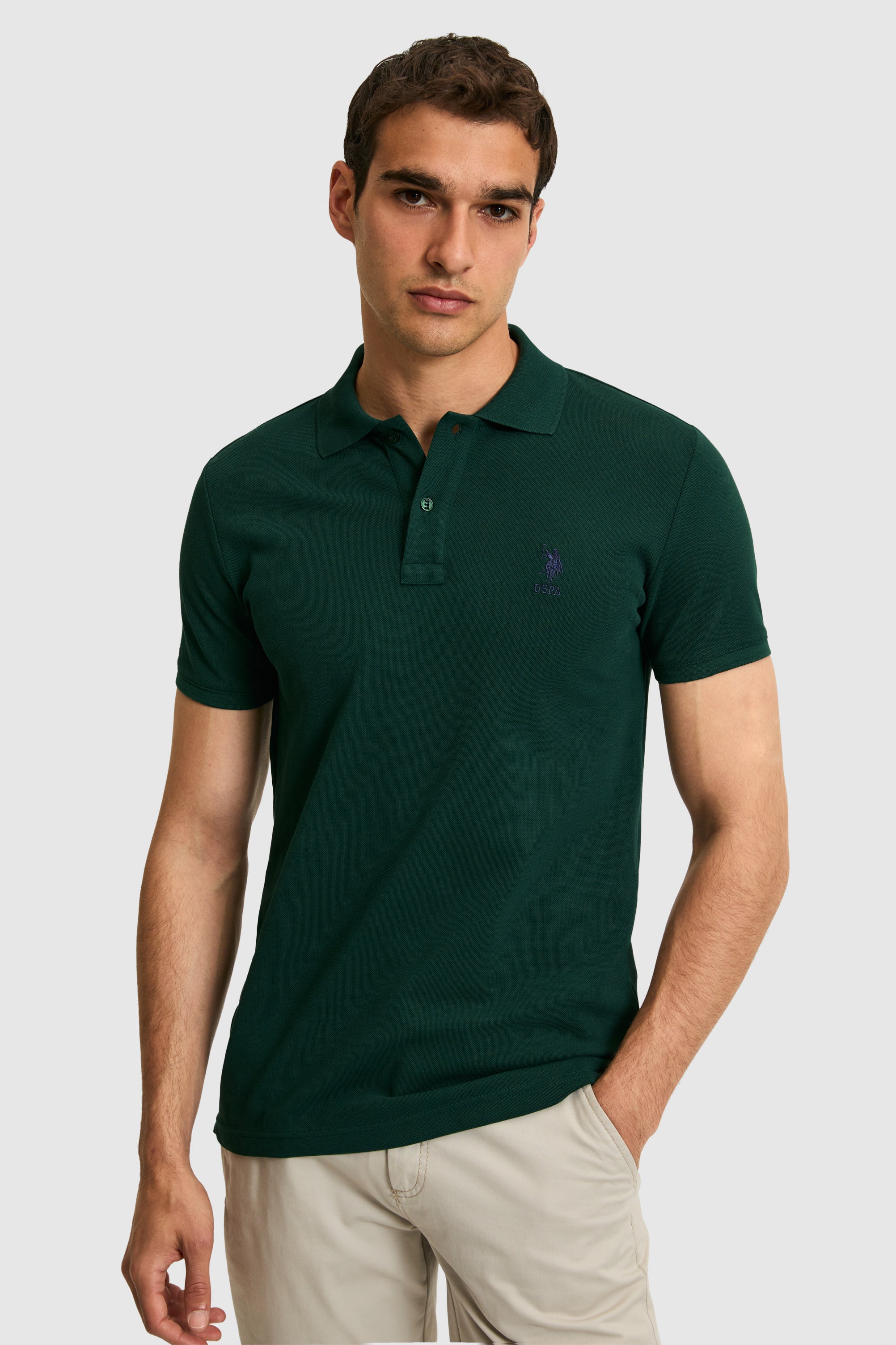 Tricou Polo Bărbați Verde Închis Cu Logo Brodat