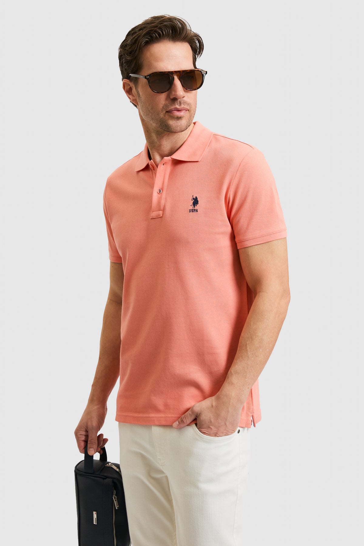 Tricou Polo Bărbați Roz Somon Cu Logo Brodat