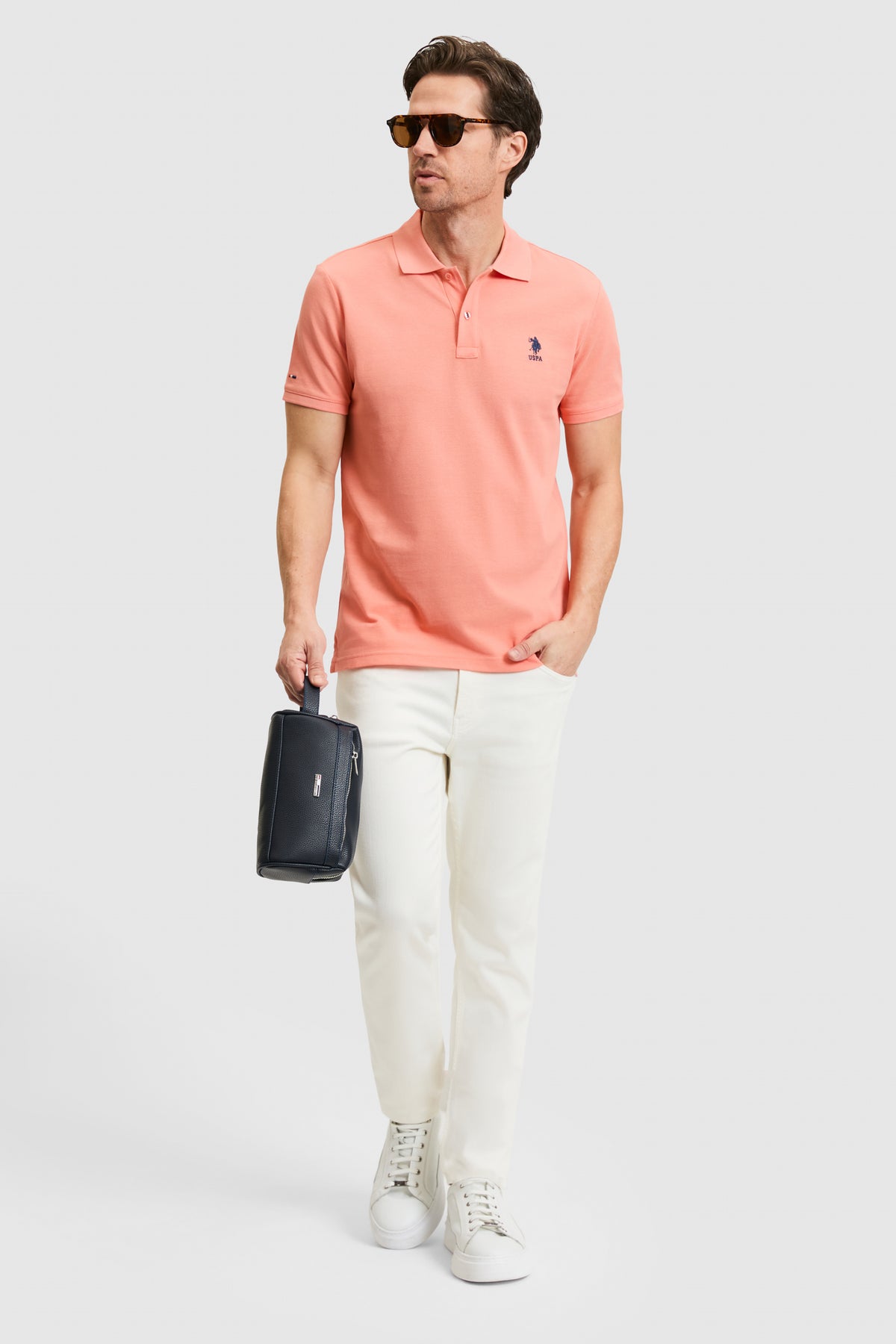 Tricou Polo Bărbați Roz Somon Cu Logo Brodat