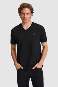 Tricou Bărbați Negru Cu Decolteu În V Și Logo Discret