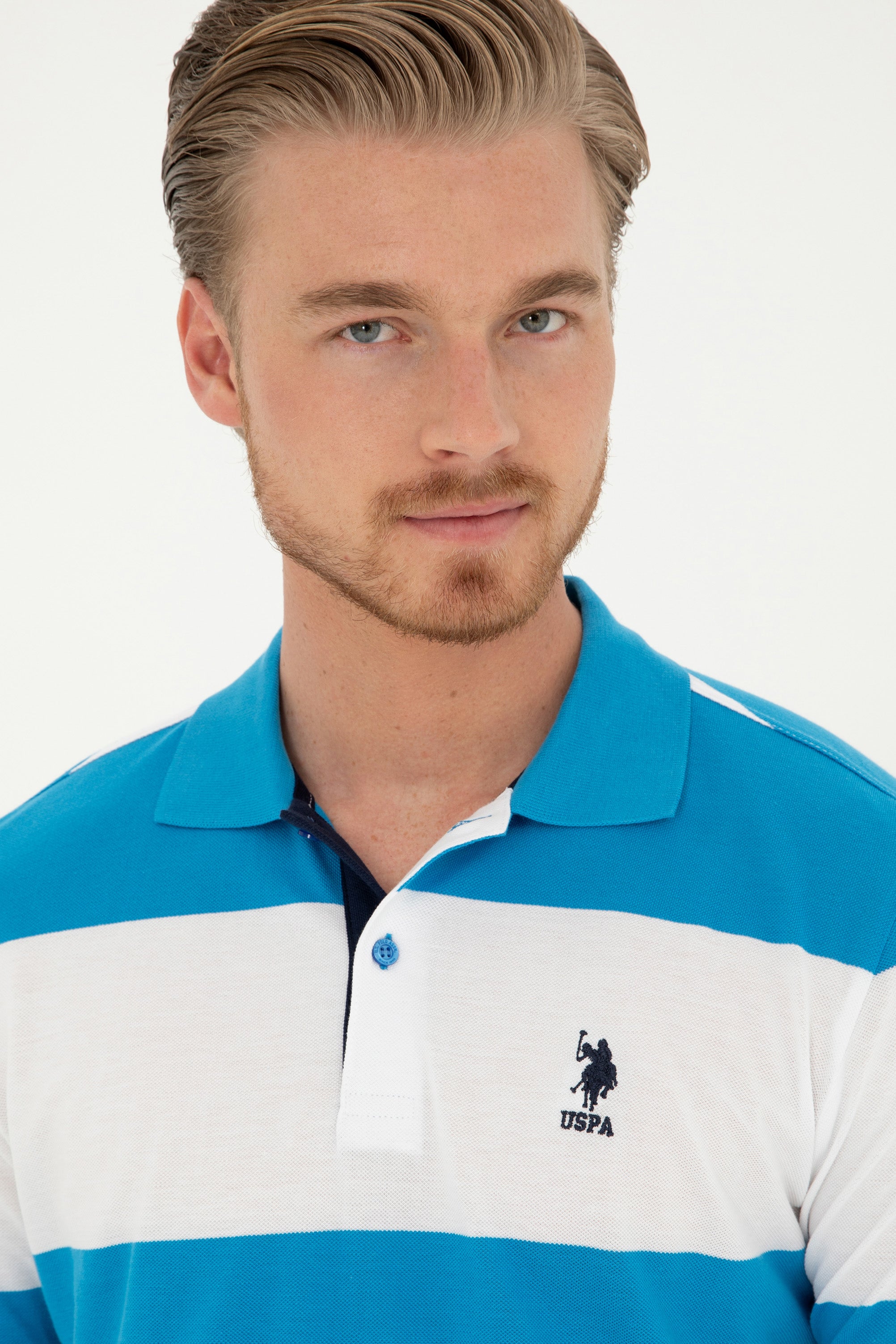 Tricou Polo Barbat Alb Cu Dungi Orizontale Albastru
