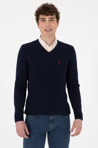 Pulover Barbat Bleumarin Cu Guler in V  Si Textura Cable