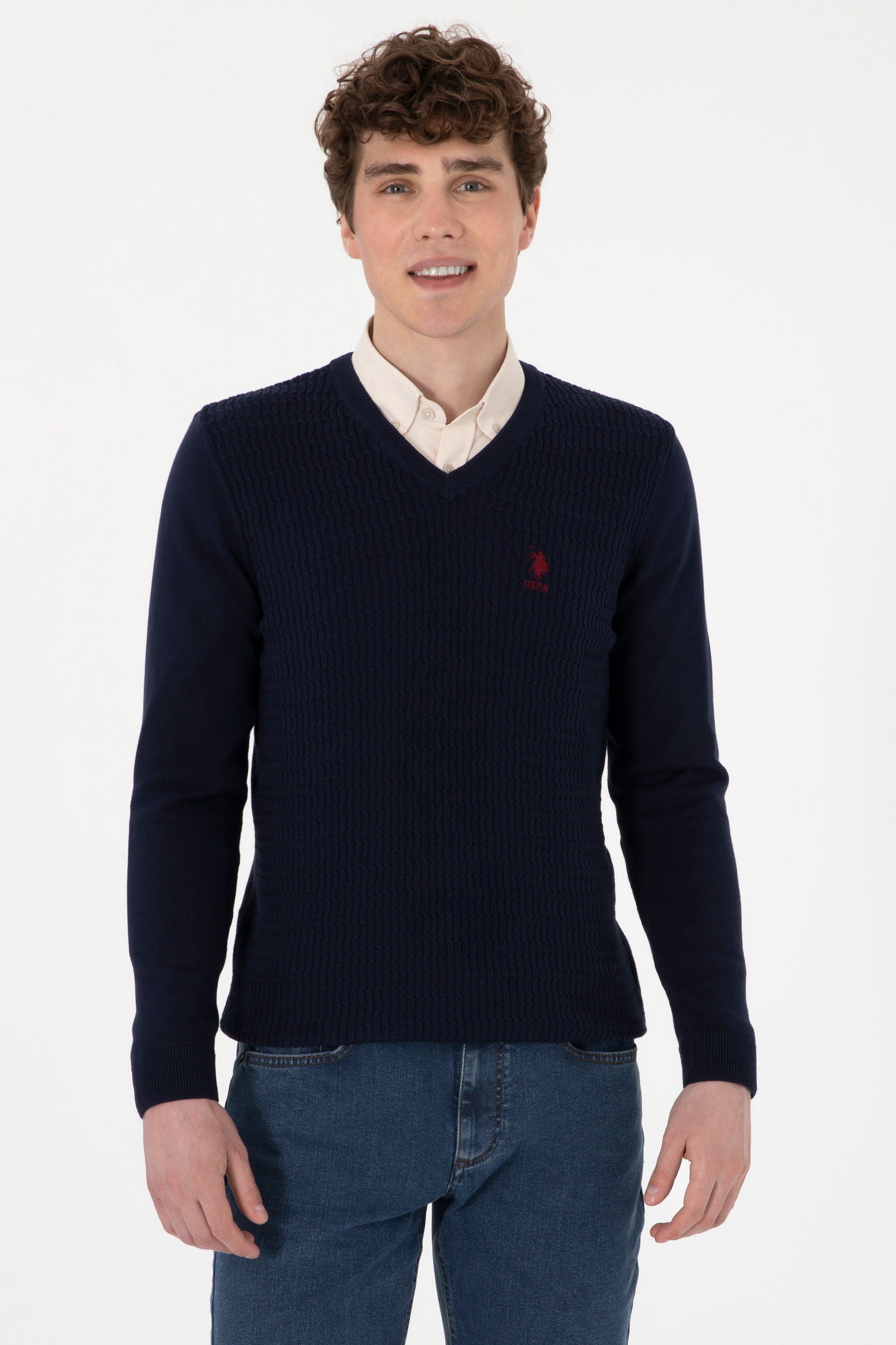 Pulover Barbat Bleumarin Cu Guler in V  Si Textura Cable