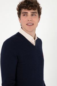 Pulover Barbat Bleumarin Cu Guler in V  Si Textura Cable