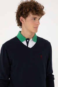 Pulover Barbat Bleumarin Cu Guler In V Si Logo Brodat