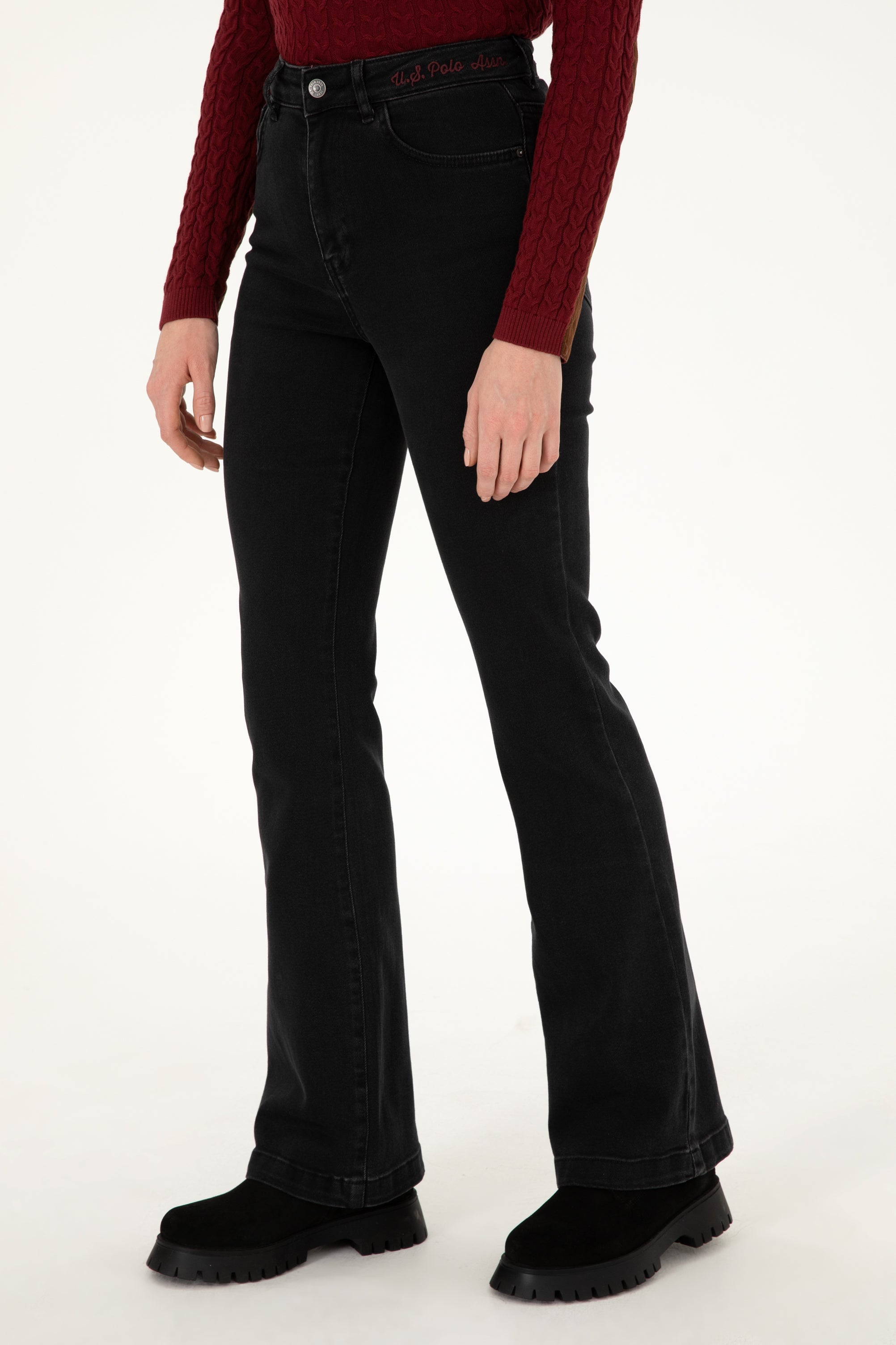 Blugi Evazati cu Talie Medie, Negru