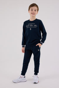 Set 2 Piese Băieți Bluza Sport si Pantaloni Lungi Bleumarin cu Imprimeu Logo