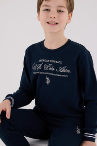 Set 2 Piese Băieți Bluza Sport si Pantaloni Lungi Bleumarin cu Imprimeu Logo