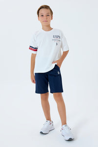 Set 2 Piese Băieți - Tricou Alb Oversize cu Print Logo Și Pantaloni Scurți Bleumarin