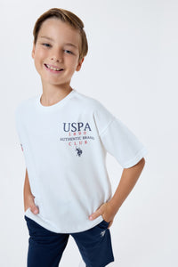 Set 2 Piese Băieți - Tricou Alb Oversize cu Print Logo Și Pantaloni Scurți Bleumarin