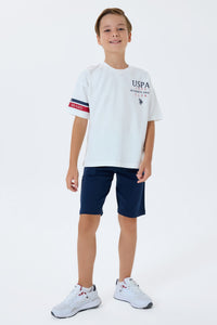 Set 2 Piese Băieți - Tricou Alb Oversize cu Print Logo Și Pantaloni Scurți Bleumarin