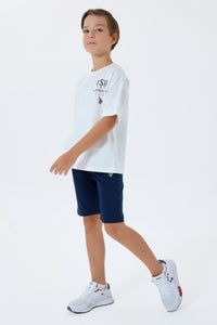 Set 2 Piese Băieți - Tricou Alb Oversize cu Print Logo Și Pantaloni Scurți Bleumarin