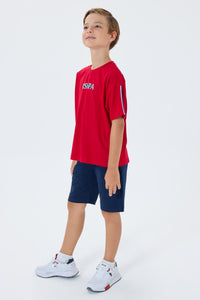 Set 2 Piese Băieți - Tricou Roșu Oversize cu Logo Și Pantaloni Scurți Bleumarin
