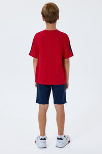 Set 2 Piese Băieți - Tricou Roșu Oversize cu Logo Și Pantaloni Scurți Bleumarin