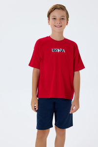 Set 2 Piese Băieți - Tricou Roșu Oversize cu Logo Și Pantaloni Scurți Bleumarin