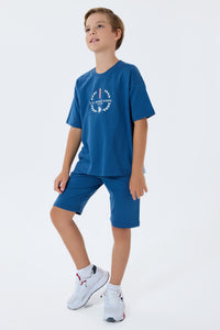 Set 2 Piese Băieți - Tricou Cu Logo Și Pantaloni Scurți Albastru Inchis