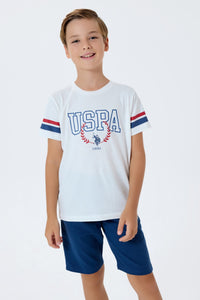 Set 2 Piese Băieți - Tricou Alb Cu Imprimeu Logo Și Pantaloni Scurți Bleumarin