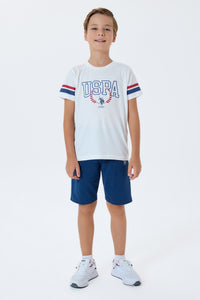 Set 2 Piese Băieți - Tricou Alb Cu Imprimeu Logo Și Pantaloni Scurți Bleumarin