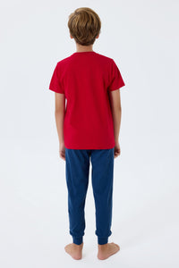 Set 2 Piese Băieți - Tricou Roșu Cu Imprimeu Logo Și Pantaloni Lungi Bleumarin