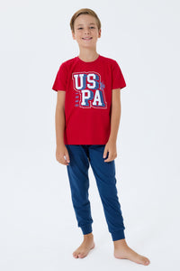 Set 2 Piese Băieți - Tricou Roșu Cu Imprimeu Logo Și Pantaloni Lungi Bleumarin