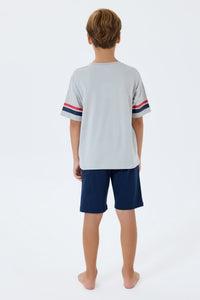 Set 2 Piese Băieți - Tricou Gri Cu Imprimeu Logo Și Pantaloni Scurți Bleumarin