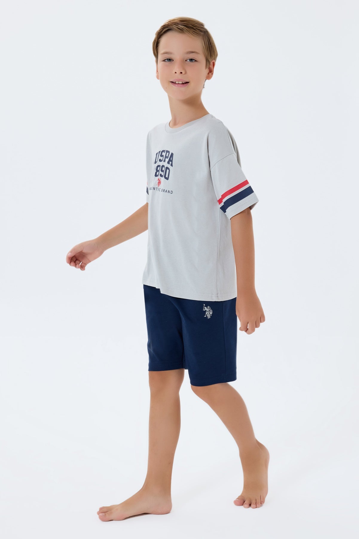 Set 2 Piese Băieți - Tricou Gri Cu Imprimeu Logo Și Pantaloni Scurți Bleumarin