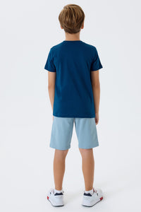 Set 2 Piese Băieți - Tricou Bleumarin cu Imprimeu Logo Și Pantaloni Scurți Albastru Prăfuit