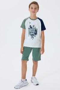 Set 2 Piese Băieți - Tricou Alb cu Imprimeu Logo Și Pantaloni Scurți Verde Salvie
