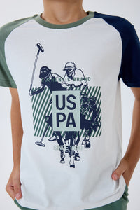 Set 2 Piese Băieți - Tricou Alb cu Imprimeu Logo Și Pantaloni Scurți Verde Salvie