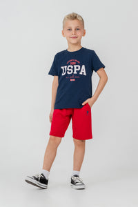 Set 2 Piese Băieți - Tricou Bleumarin Cu Print Logo Și Pantaloni Scurți Pe Roșu