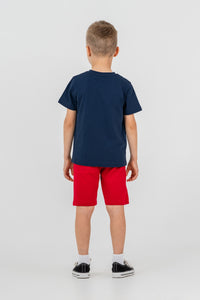 Set 2 Piese Băieți - Tricou Bleumarin Cu Print Logo Și Pantaloni Scurți Pe Roșu