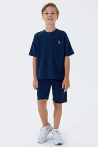 Set 2 Piese Băieți - Tricou Și Pantaloni Scurți Oversize Pe Bleumarin cu Logo Colorat