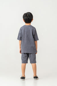 Set 2 Piese Băieți - Tricou Și Pantaloni Scurți Oversize Gri Antracit Cu Logo Brodat