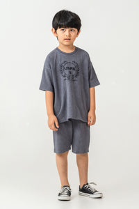 Set 2 Piese Băieți - Tricou Și Pantaloni Scurți Oversize Gri Antracit Cu Logo Brodat