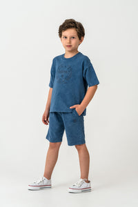 Set 2 Piese Băieți - Tricou Și Pantaloni Scurți Oversize Indigo Cu Logo Brodat