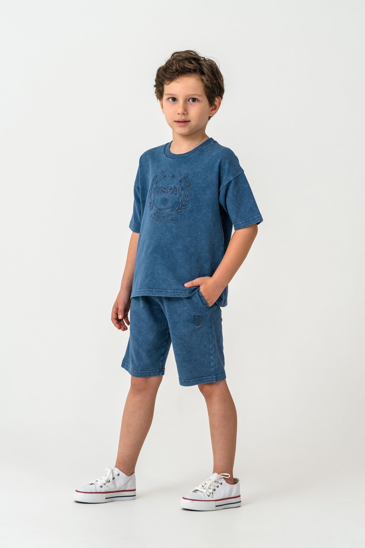 Set 2 Piese Băieți - Tricou Și Pantaloni Scurți Oversize Indigo Cu Logo Brodat