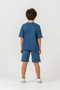 Set 2 Piese Băieți - Tricou Și Pantaloni Scurți Oversize Indigo Cu Logo Brodat