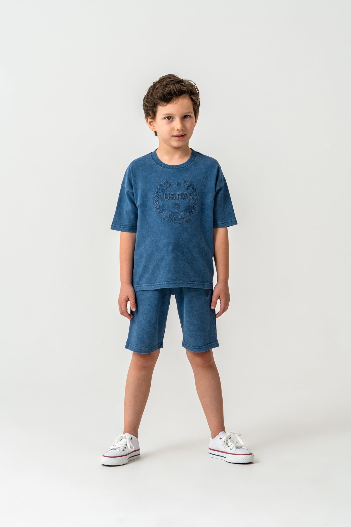 Set 2 Piese Băieți - Tricou Și Pantaloni Scurți Oversize Indigo Cu Logo Brodat