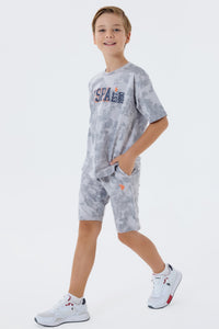 Set 2 Piese Băieți - Tricou Oversize Și Pantaloni Scurți Gri Cu Print Logo