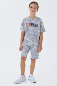 Set 2 Piese Băieți - Tricou Oversize Și Pantaloni Scurți Gri Cu Print Logo