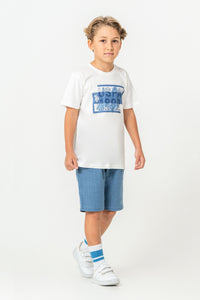 Set 2 Piese Băieți - Tricou Alb cu Print Logo Și Pantaloni Scurți Albastru Deschis