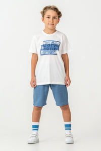 Set 2 Piese Băieți - Tricou Alb cu Print Logo Și Pantaloni Scurți Albastru Deschis