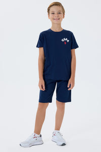 Set 2 Piese Băieți - Tricou Bleumarin cu Print Logo Pe Spate Și Pantaloni Scurți