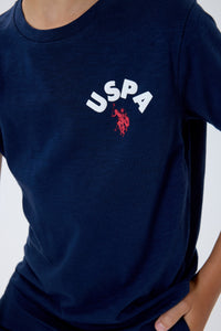 Set 2 Piese Băieți - Tricou Bleumarin cu Print Logo Pe Spate Și Pantaloni Scurți