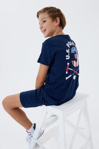 Set 2 Piese Băieți - Tricou Bleumarin cu Print Logo Pe Spate Și Pantaloni Scurți